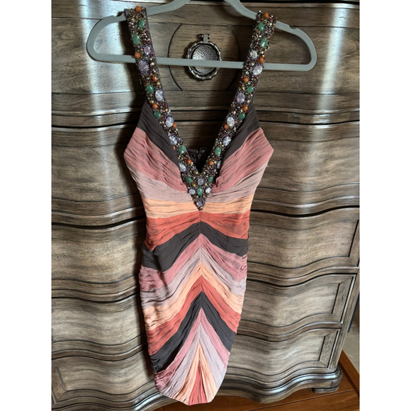 Women's mandalay Multi-color Beaded Ruched Mini Dress size 6